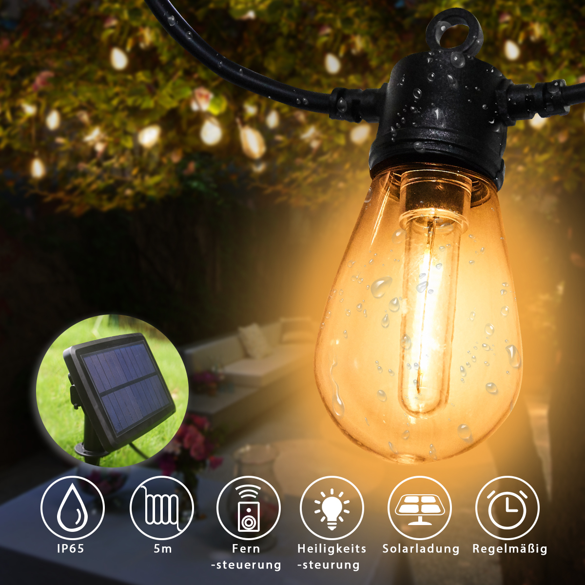 LED Solar Lichterkette außen Lampe Glühbirnen Beleuchtung Balkon Garten